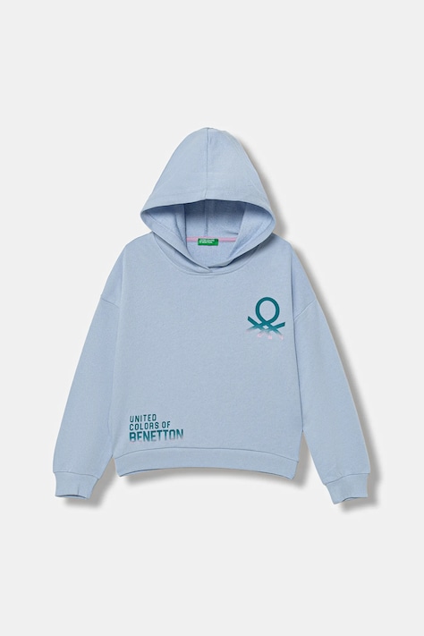 Detská bavlnená mikina United Colors of Benetton modrá farba, s kapucňou, s potlačou, 3J68C204W