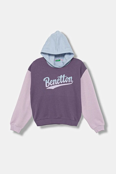 United Colors of Benetton bluza bawełniana dziecięca kolor fioletowy z kapturem z nadrukiem 3J68C204W