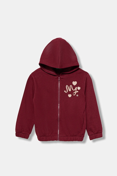 United Colors of Benetton hanorac de bumbac pentru copii culoarea bordo, cu glugă, cu imprimeu, 3J68G503W