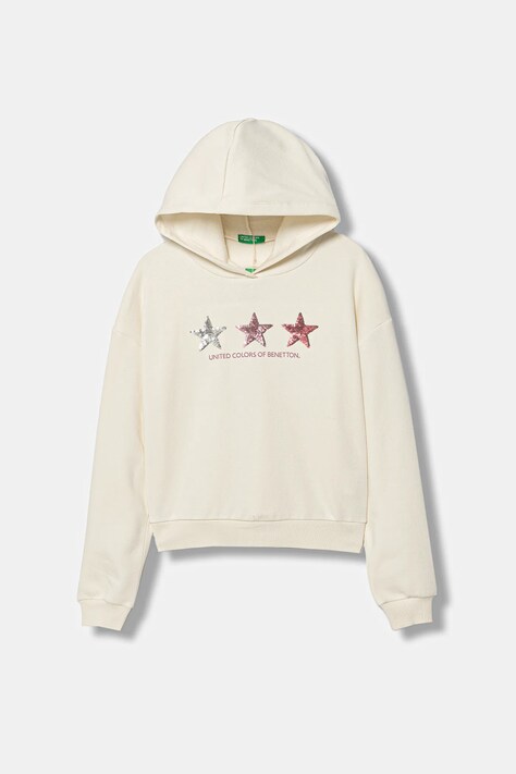 United Colors of Benetton bluză copii culoarea bej, cu glugă, cu imprimeu, 39M2C205E