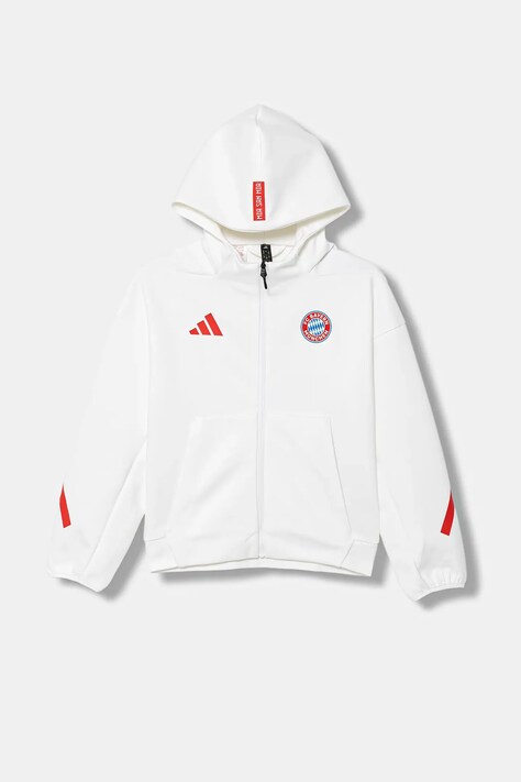 adidas Performance bluză copii FC Bayern Munich culoarea alb, cu glugă, cu imprimeu, JM9437