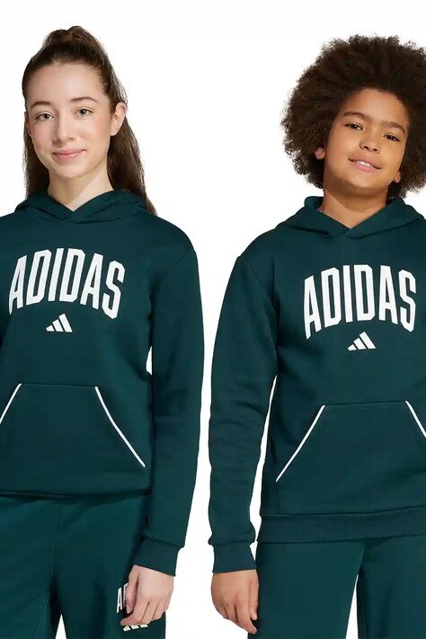 Детски суичър adidas в зелено с качулка с принт JV7337