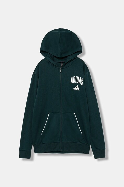 Детски суичър adidas в зелено с качулка с принт JW2389