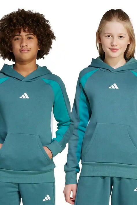 Детски суичър adidas в зелено с качулка с десен JW2490