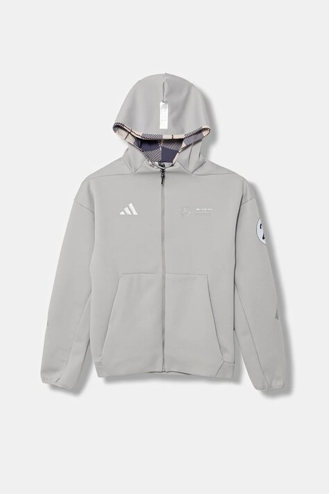 adidas Performance bluză copii MERCEDES culoarea gri, cu glugă, cu imprimeu, JW8513