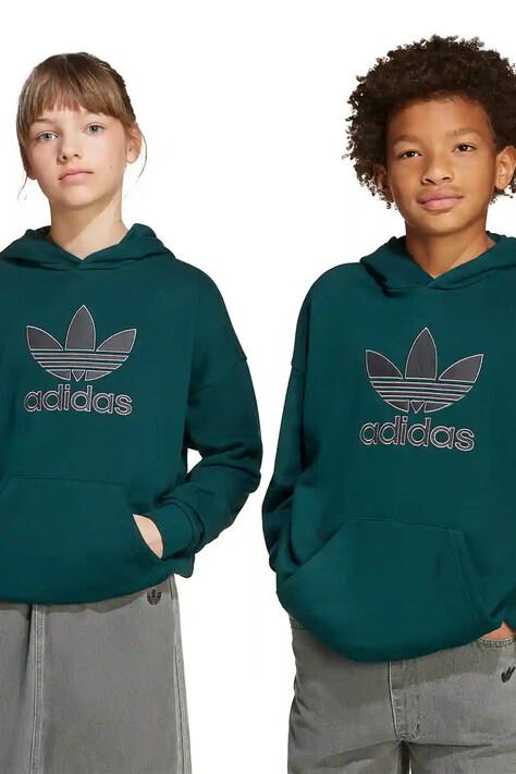 adidas Originals bluza bawełniana dziecięca kolor zielony z kapturem z aplikacją JV8640