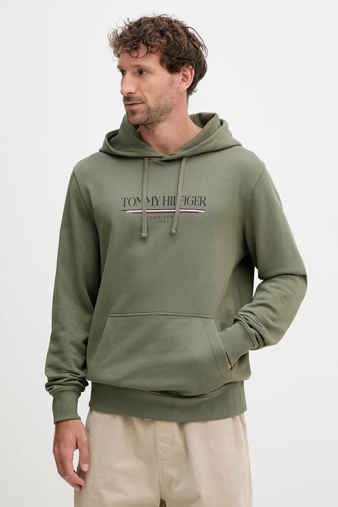 Tommy Hilfiger bluza bawełniana męska kolor zielony z kapturem z nadrukiem MW0MW40534