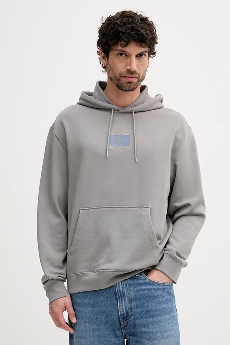 Calvin Klein bluză culoarea gri, cu glugă, cu imprimeu, LV04RC286G