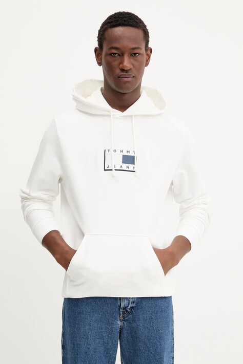 Bavlněná mikina Tommy Jeans pánská, bílá barva, s kapucí, s aplikací, DM0DM21623