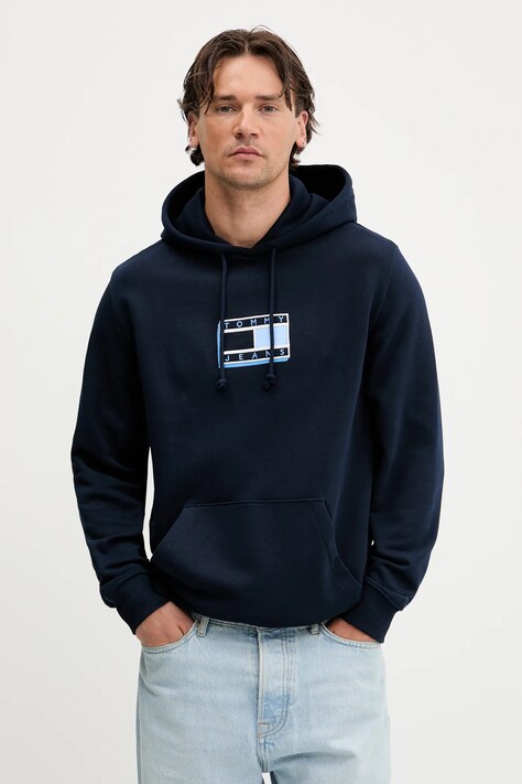 Tommy Jeans hanorac de bumbac culoarea bleumarin, cu glugă, cu imprimeu, DM0DM21623