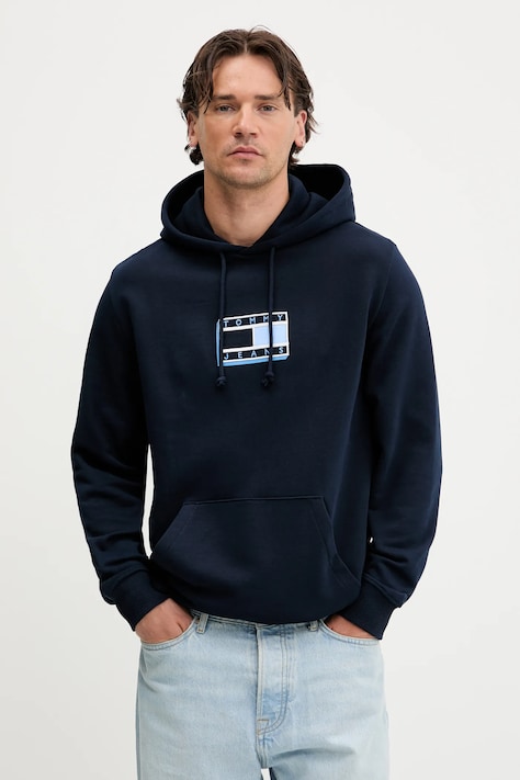 Bavlněná mikina Tommy Jeans pánská, tmavomodrá barva, s kapucí, s aplikací, DM0DM21623