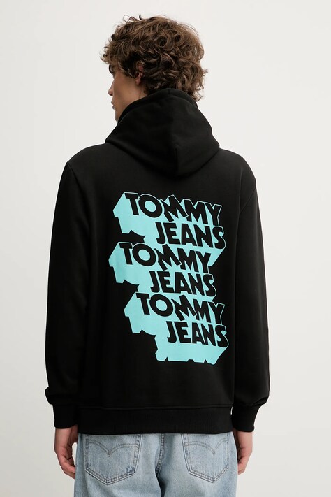 Βαμβακερή μπλούζα Tommy Jeans χρώμα: μαύρο, με κουκούλα, DM0DM21625