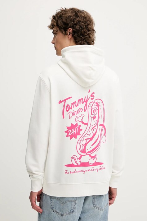 Tommy Jeans bluza bawełniana męska kolor biały z kapturem z nadrukiem DM0DM21798
