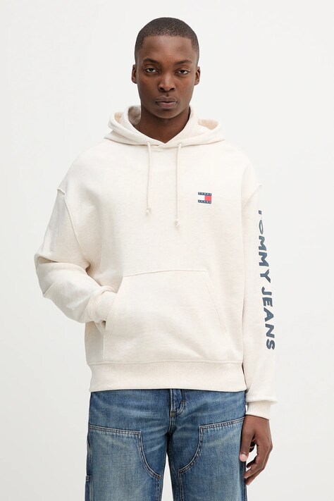 Tommy Jeans bluza bawełniana męska kolor beżowy z kapturem z nadrukiem DM0DM21834