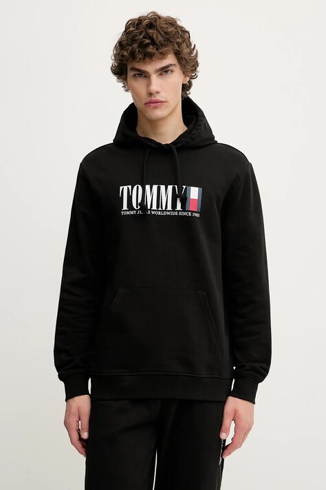 Βαμβακερή μπλούζα Tommy Jeans χρώμα: μαύρο, με κουκούλα, DM0DM22144