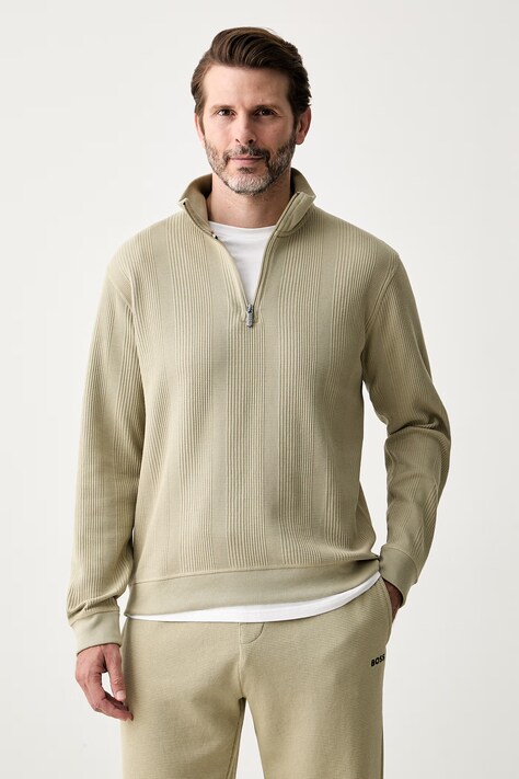 BOSS mikina loungewear pánska s bavlnou Structure 1/4 Zip zelená 50545597
