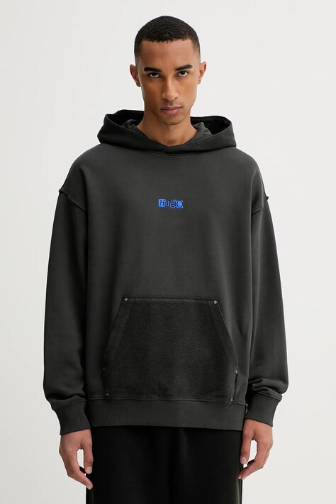Hugo Blue bluza bawełniana męska kolor szary z kapturem gładka 50542799
