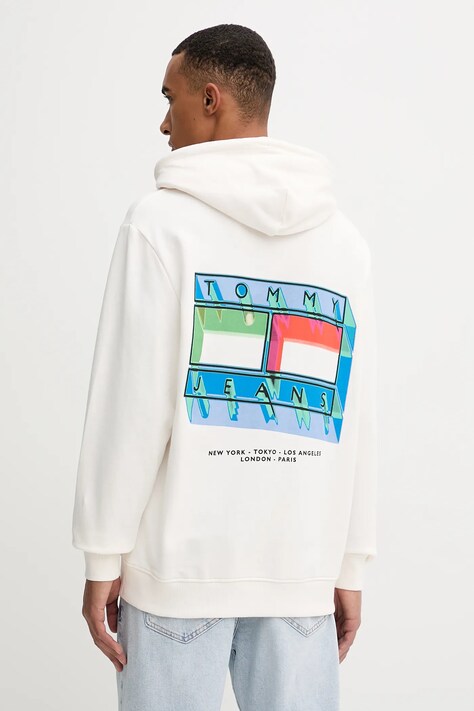 Bavlněná mikina Tommy Jeans pánská, béžová barva, s kapucí, s potiskem, DM0DM22077