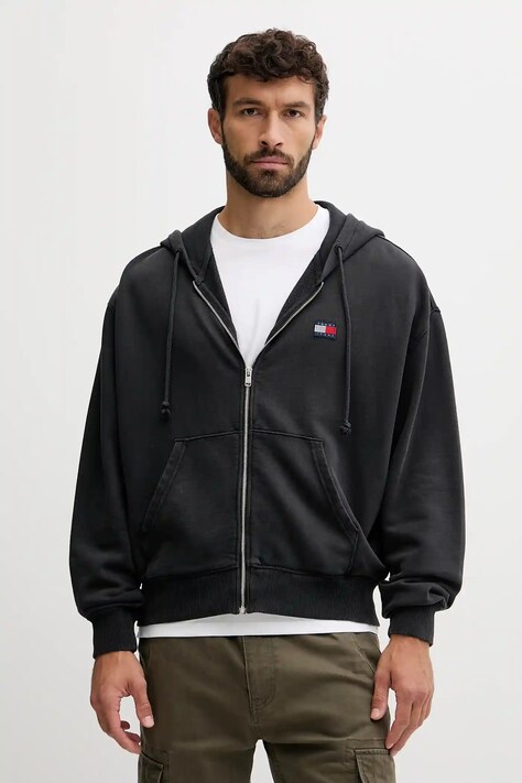 Tommy Jeans hanorac de bumbac culoarea gri, cu glugă, cu imprimeu, DM0DM22080