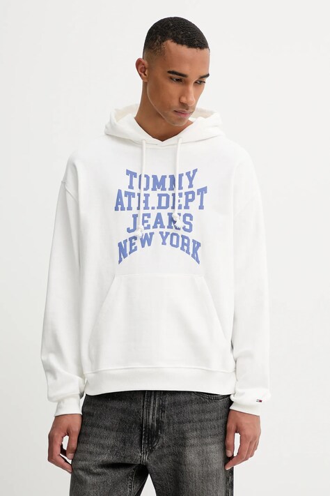 Хлопковая кофта Tommy Jeans цвет белый с капюшоном с принтом DM0DM22082