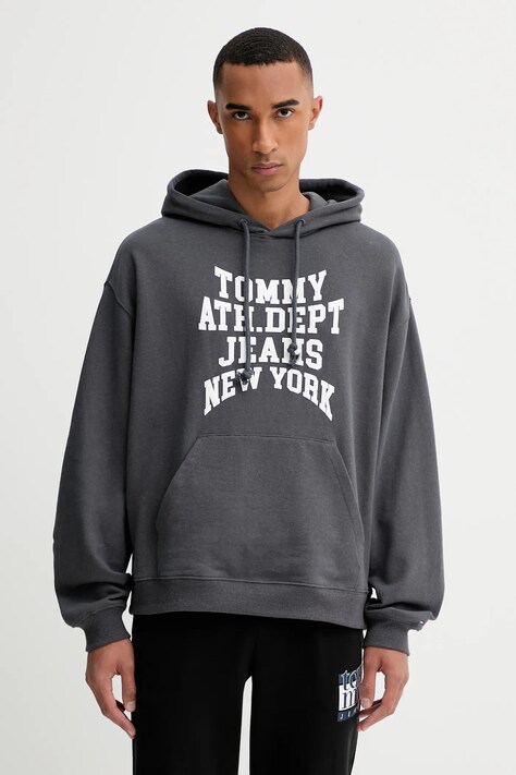 Хлопковая кофта Tommy Jeans цвет серый с капюшоном с принтом DM0DM22082
