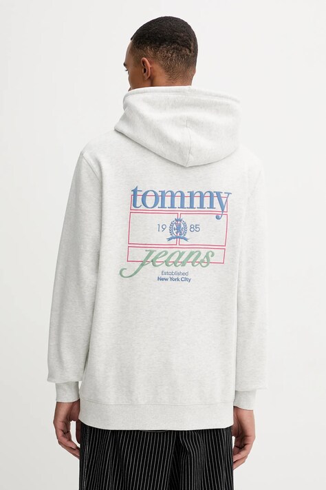 Mikina Tommy Jeans pánská, šedá barva, s kapucí, s potiskem, DM0DM22085