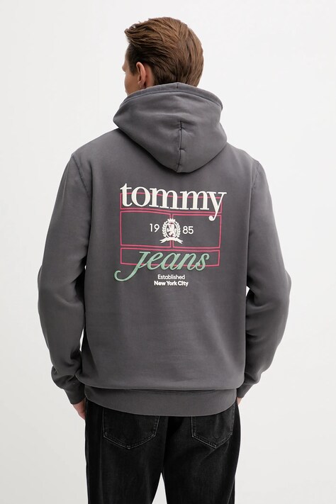 Tommy Jeans bluză culoarea gri, cu glugă, cu imprimeu, DM0DM22085