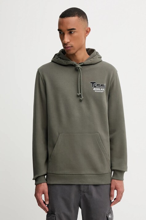 Tommy Jeans bluza bawełniana męska kolor zielony z kapturem z nadrukiem DM0DM22086
