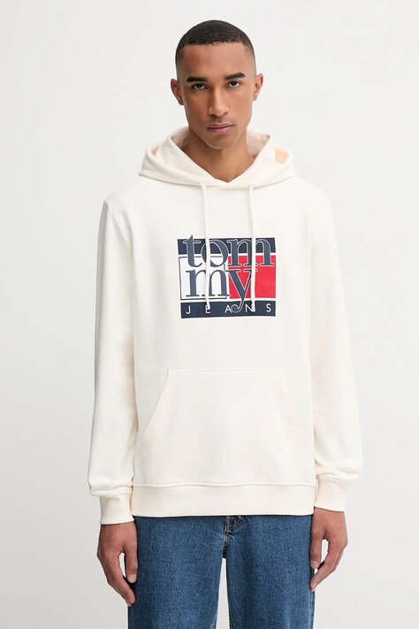 Tommy Jeans bluza bawełniana męska kolor beżowy z kapturem z nadrukiem DM0DM22092