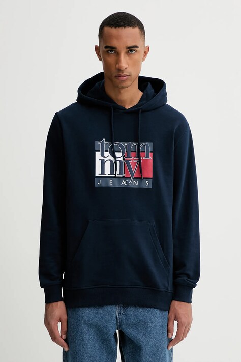 Bavlněná mikina Tommy Jeans pánská, tmavomodrá barva, s kapucí, s potiskem, DM0DM22092