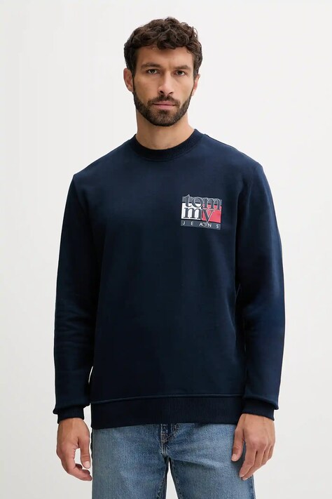 Tommy Jeans hanorac de bumbac culoarea bleumarin, cu imprimeu, DM0DM22093
