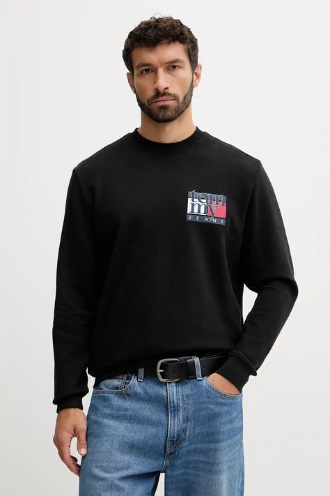 Tommy Jeans hanorac de bumbac culoarea negru, cu imprimeu, DM0DM22093