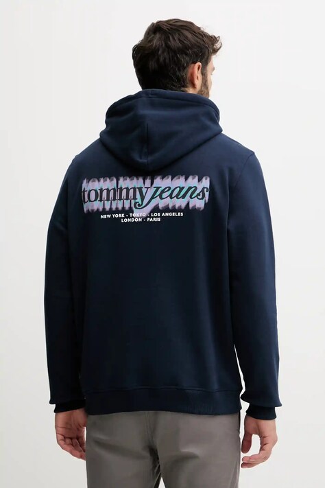 Tommy Jeans hanorac de bumbac culoarea bleumarin, cu glugă, cu imprimeu, DM0DM22112