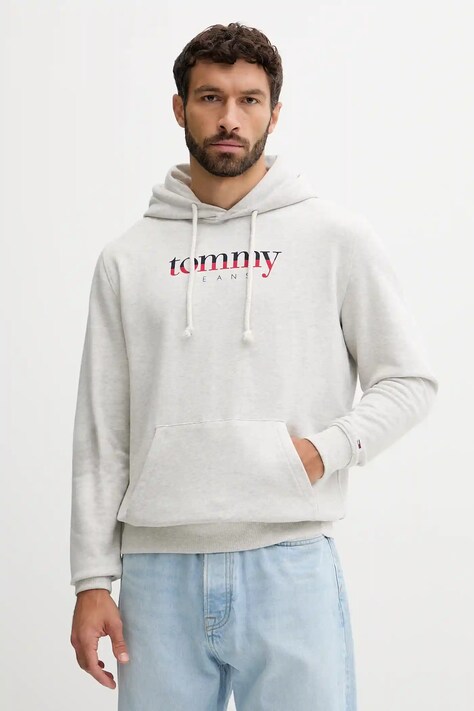 Tommy Jeans hanorac de bumbac culoarea gri, cu glugă, cu imprimeu, DM0DM22113