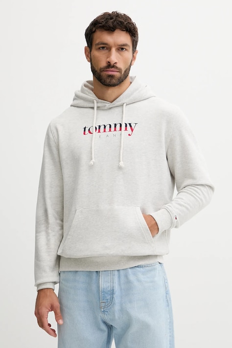 Бавовняна кофта Tommy Jeans колір сірий з капюшоном з принтом DM0DM22113