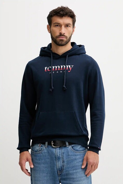 Tommy Jeans hanorac de bumbac culoarea bleumarin, cu glugă, cu imprimeu, DM0DM22113