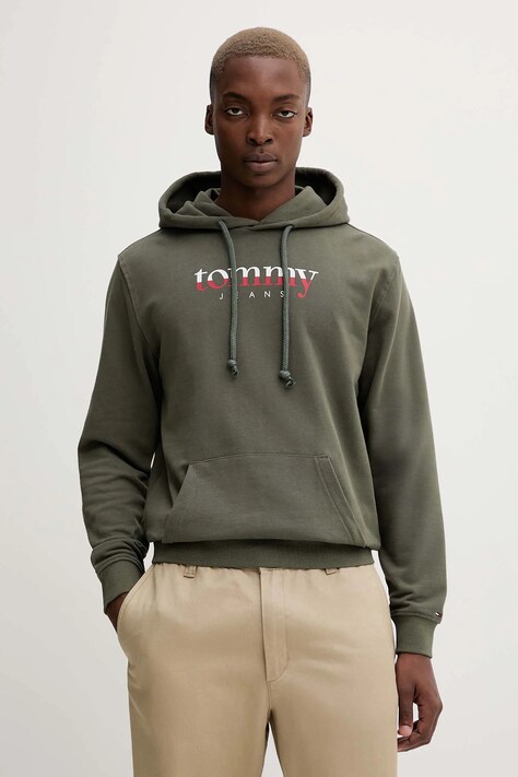 Bavlnená mikina Tommy Jeans zelená farba, s kapucňou, s potlačou, DM0DM22113