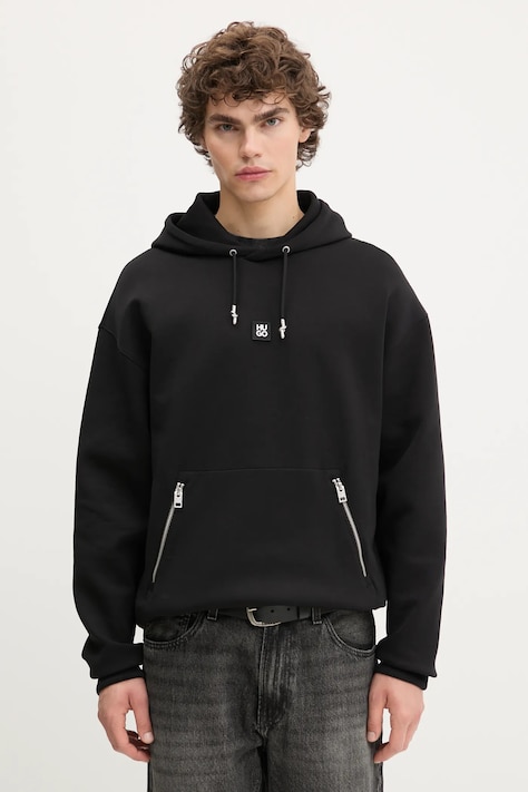 HUGO bluză culoarea negru, cu glugă, cu imprimeu, 50542583
