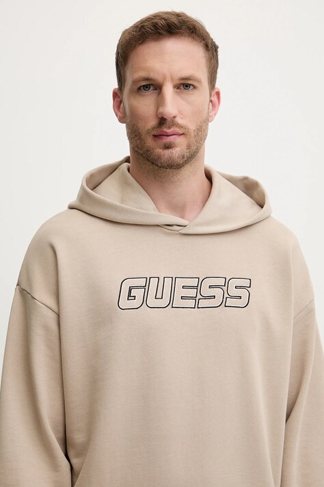 Bavlněná mikina Guess MENTORE pánská, béžová barva, s kapucí, s aplikací, Z5YQ00 KCE91