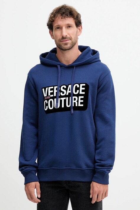 Versace Jeans Couture hanorac de bumbac culoarea bleumarin, cu glugă, cu imprimeu, 79GAIP05 CF07P