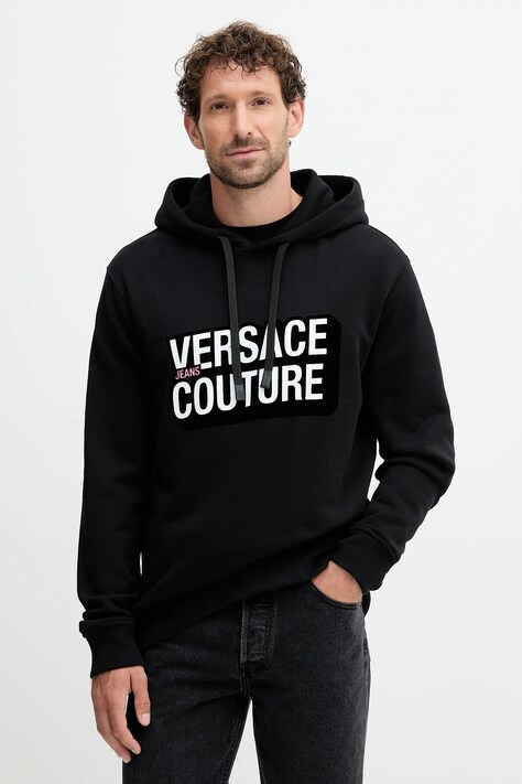 Versace Jeans Couture hanorac de bumbac culoarea negru, cu glugă, cu imprimeu, 79GAIP05 CF07P
