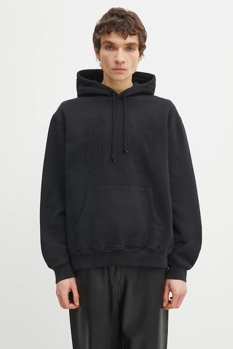 Бавовняна кофта by Parra Connected guy hooded колір чорний з капюшоном з аплікацією 54226