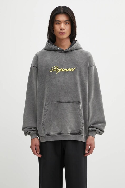 Represent bluza bawełniana Script Logo męska kolor szary z kapturem z aplikacją MLM100028