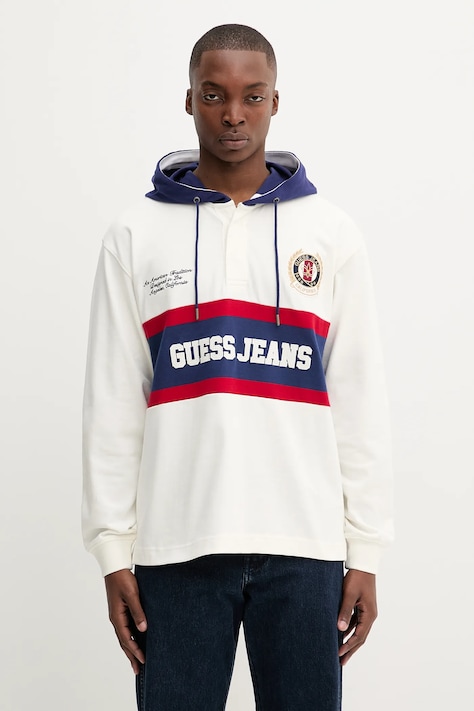 Хлопковая кофта Guess Jeans цвет белый с капюшоном с аппликацией M5YP08 KCYM1