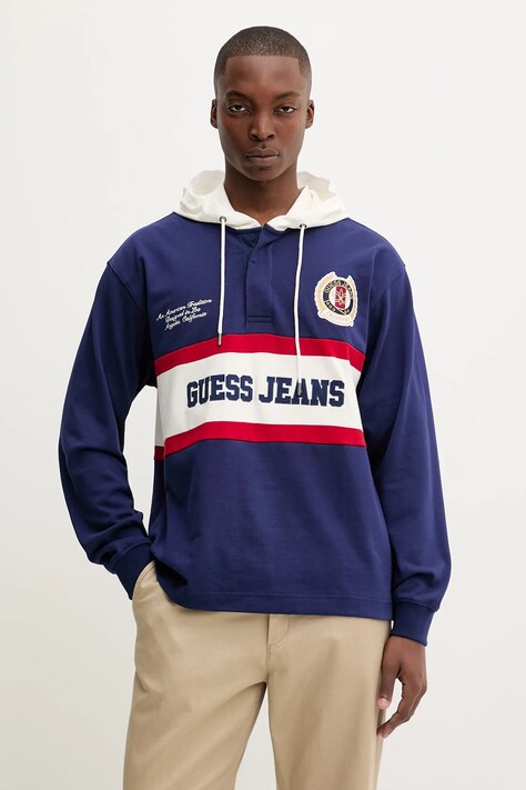 Βαμβακερή μπλούζα Guess Jeans χρώμα: μπλε, με κουκούλα, M5YP08 KCYM1