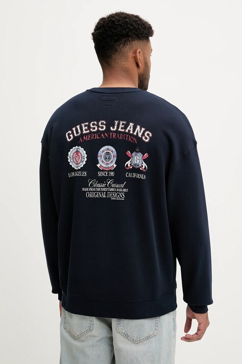 Bavlněná mikina Guess Jeans pánská, tmavomodrá barva, s potiskem, M5YQ13 KCPR1