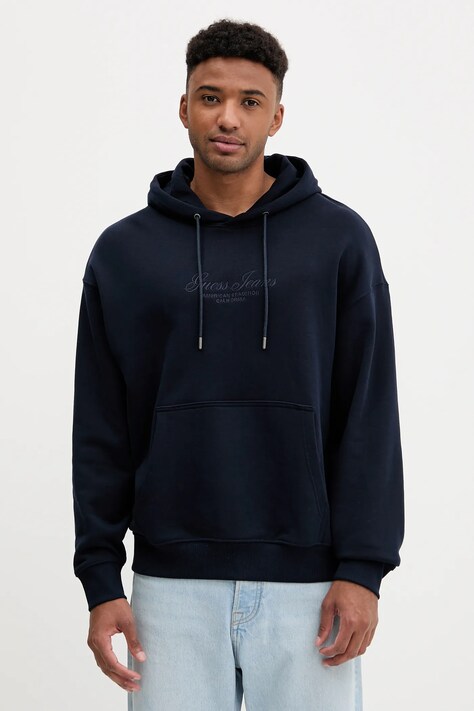 Βαμβακερή μπλούζα Guess Jeans χρώμα: ναυτικό μπλε, με κουκούλα, M5YQ16 KCPR1