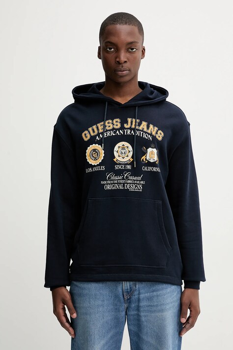 Guess Jeans bluza bawełniana męska kolor granatowy z kapturem z nadrukiem M5YQ18 KCPR1