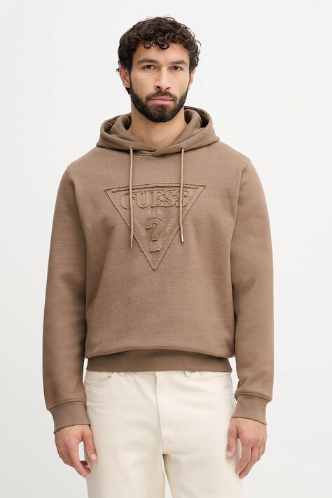 Guess bluza bawełniana męska kolor brązowy z kapturem z aplikacją M5BQ04 K0961
