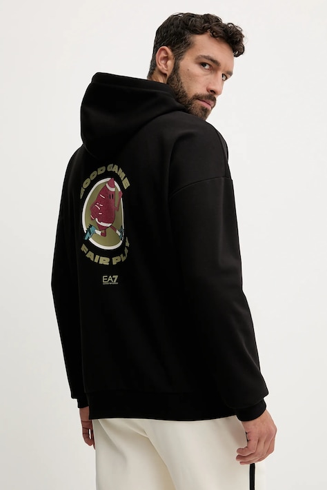 Кофта EA7 Emporio Armani колір чорний з капюшоном з принтом AF10443.7M000993